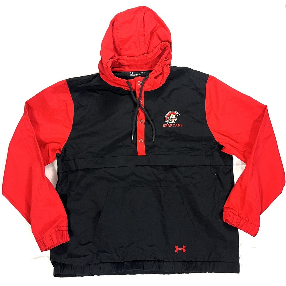 Under Armour Spartans Men's XL Red Black Anorak Hooded Windbreaker Jacket Nylon